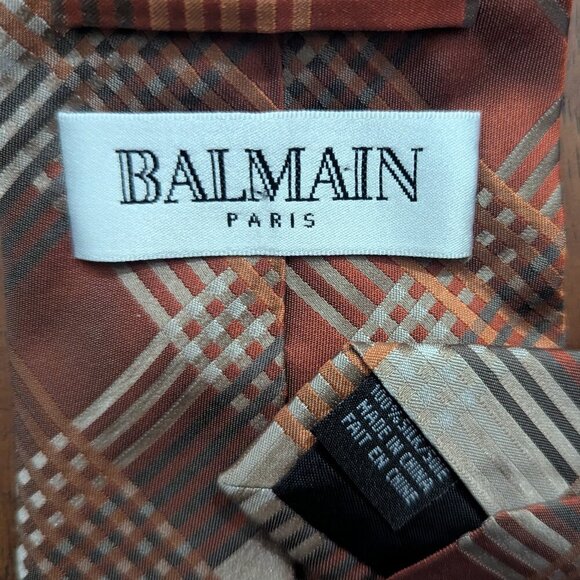 Balmain Paris Plaid Copper Tie 100% Silk - Picture 5 of 6